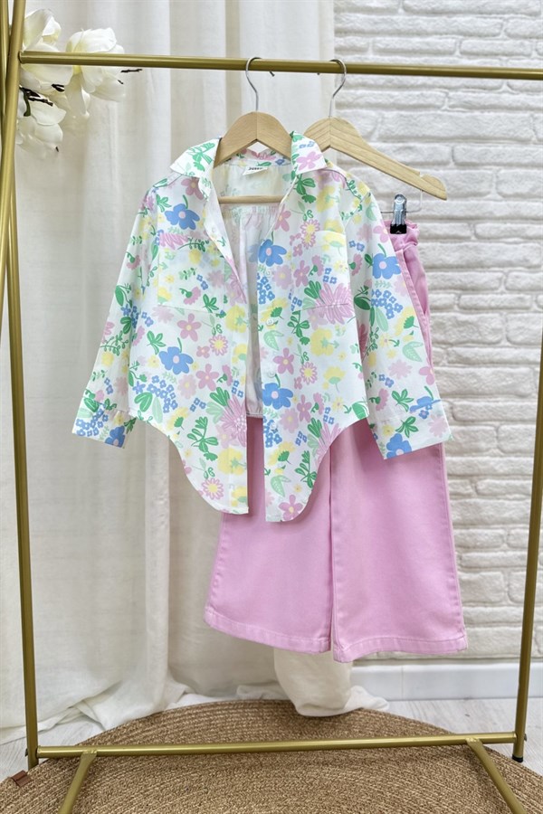 Kız Çocuk Renkli Gömlek Pembe Denim Takım