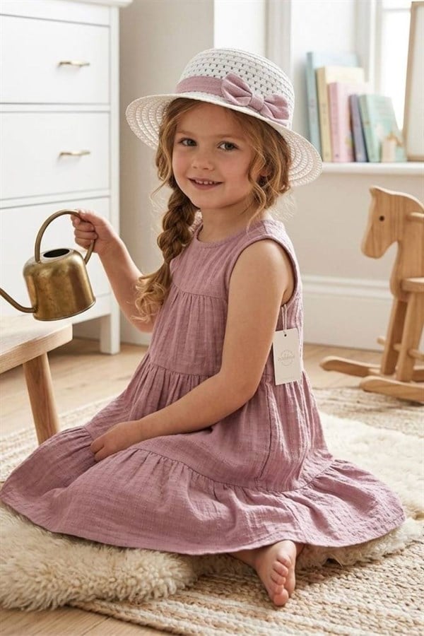 Kız Çocuk Şapka Dahil Gül Kurusu Elbise