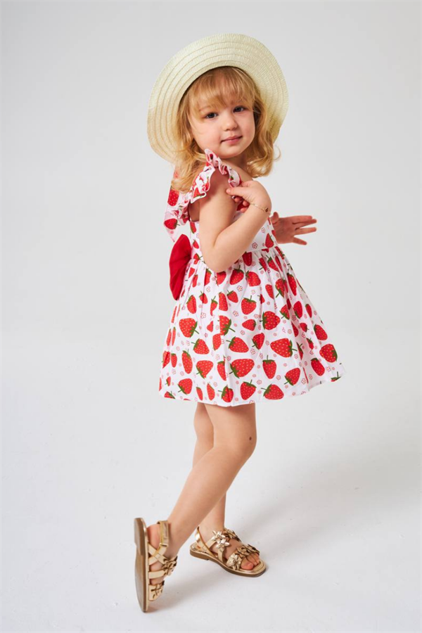 Kız Çocuk Şapkalı Çilekli Elbise