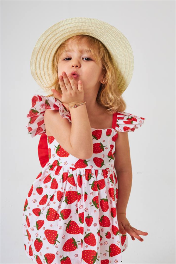 Kız Çocuk Şapkalı Çilekli Elbise