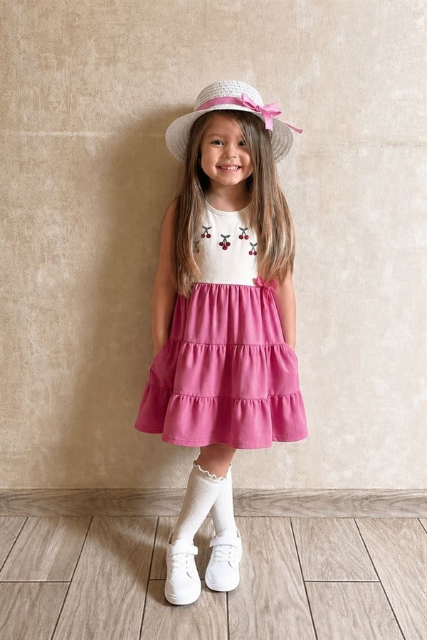 Kız Çocuk Şapkalı Kiraz  Nakışlı Gül Kurusu  Elbise