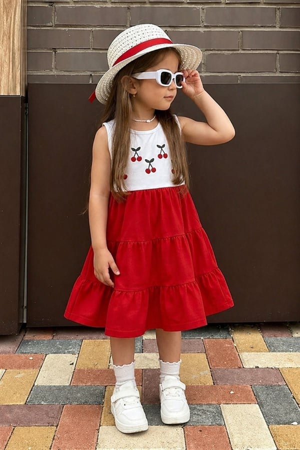 Kız Çocuk Şapkalı Kiraz  Nakışlı Kırmızı Elbise
