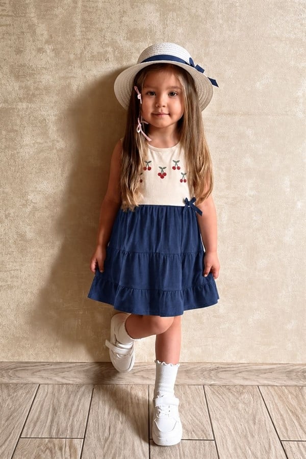 Kız Çocuk Şapkalı Kiraz  Nakışlı Laci Elbise