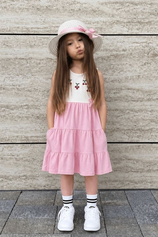 Kız Çocuk Şapkalı Kiraz  Nakışlı Pudra Elbise