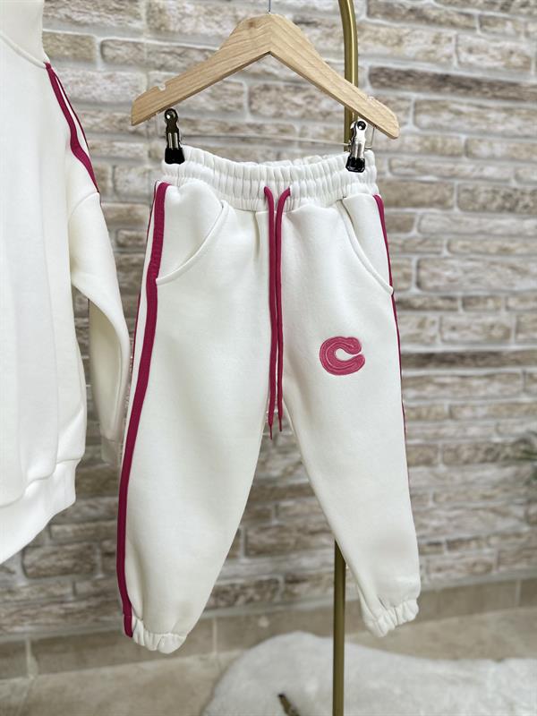 Kız Çocuk Şardonlu Fermuarlı Pembe  Şeritli Takım