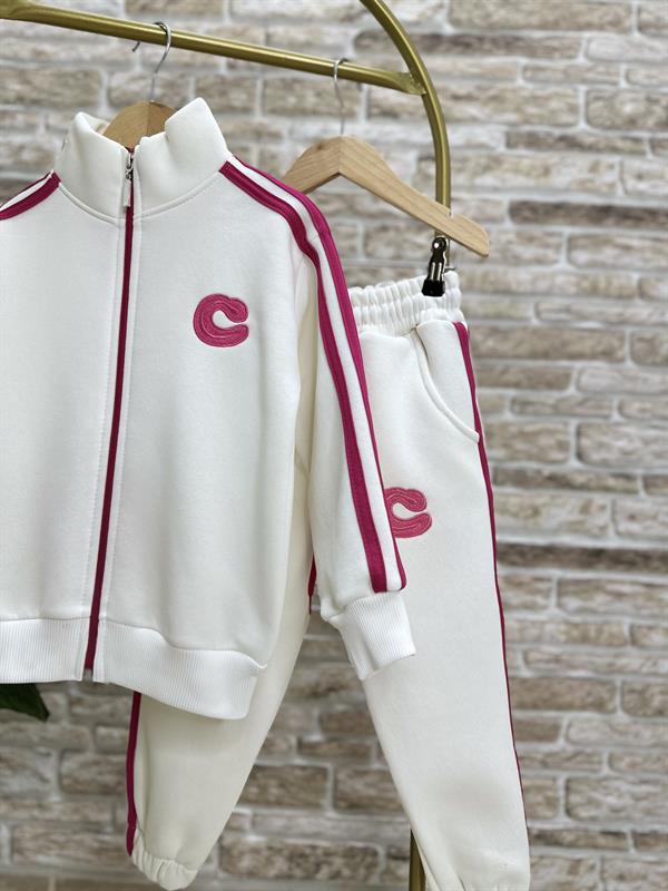 Kız Çocuk Şardonlu Fermuarlı Pembe  Şeritli Takım