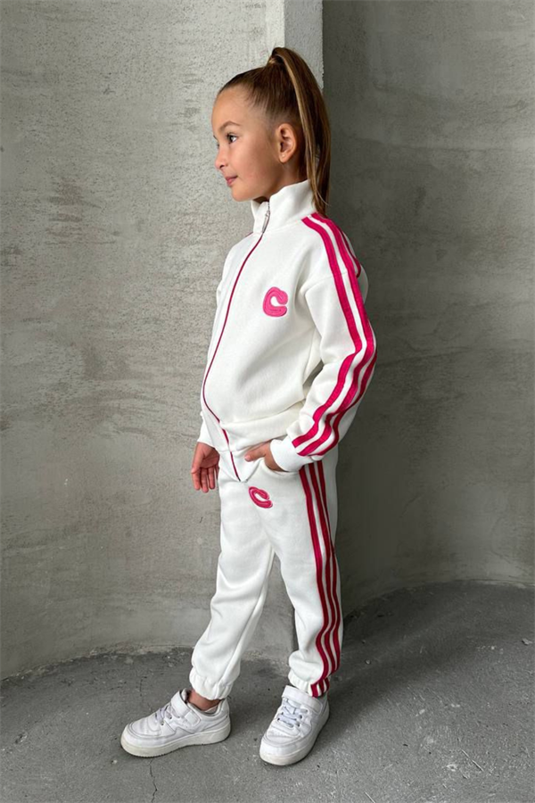 Kız Çocuk Şardonlu Fermuarlı Pembe  Şeritli Takım