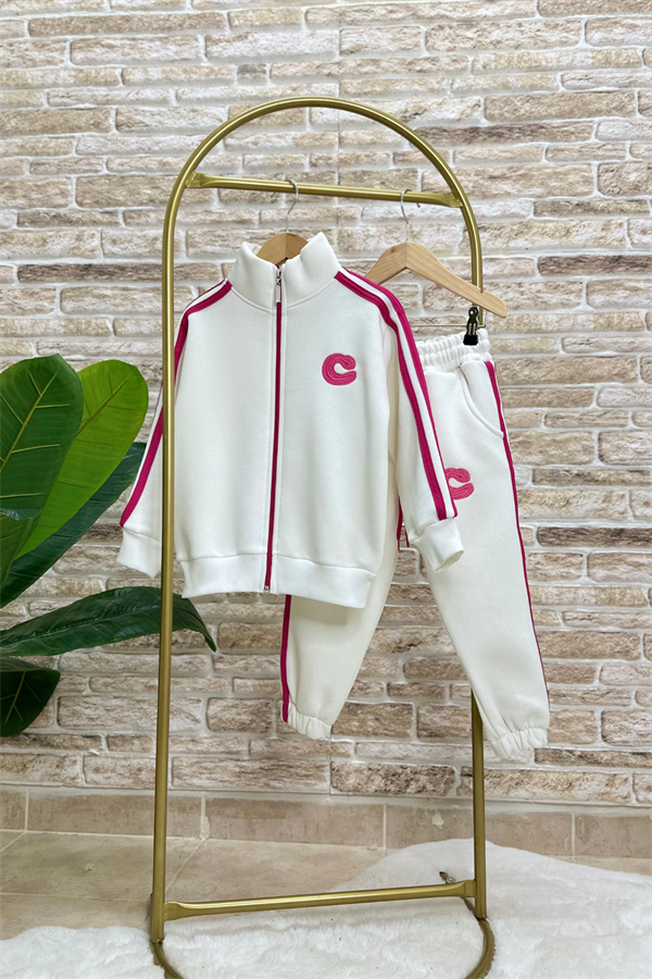 Kız Çocuk Şardonlu Fermuarlı Pembe  Şeritli Takım