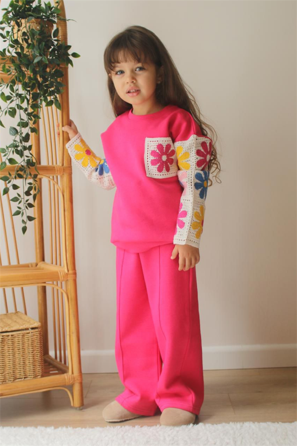 Kız Çocuk Şardonlu Fuşya Örme Detaylı Bol Paça Takım