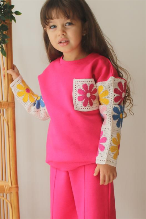 Kız Çocuk Şardonlu Fuşya Örme Detaylı Bol Paça Takım