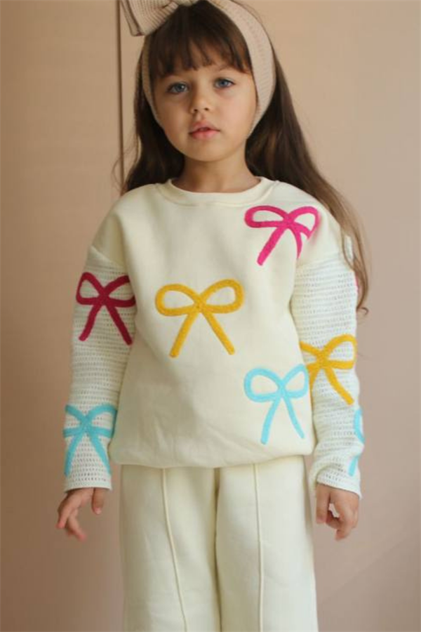 Kız Çocuk Şardonlu Kurdele Ekru Bol Paça Takım