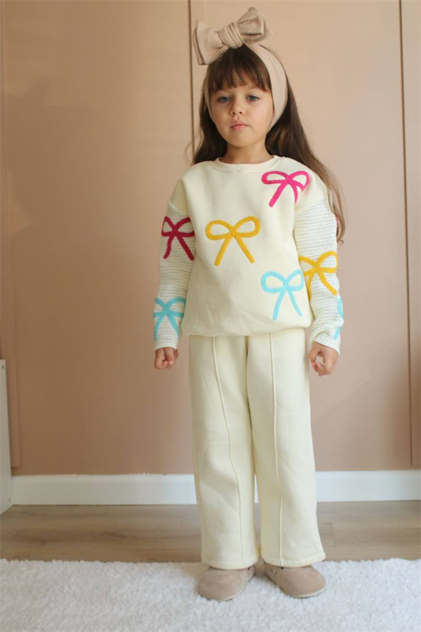 Kız Çocuk Şardonlu Kurdele Ekru Bol Paça Takım