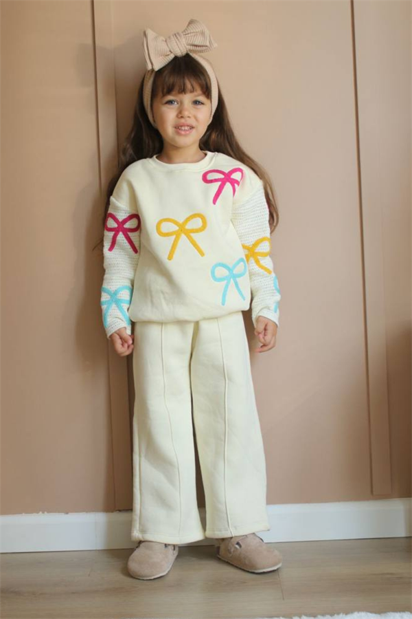 Kız Çocuk Şardonlu Kurdele Ekru Bol Paça Takım