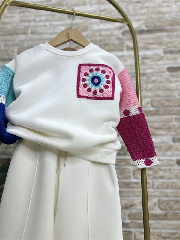 Kız Çocuk Şardonlu Örme Detaylı Bol Paça Beyaz Takım