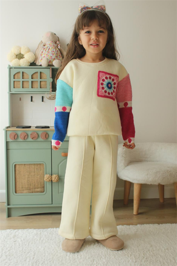 Kız Çocuk Şardonlu Örme Detaylı Bol Paça Renkli Takım