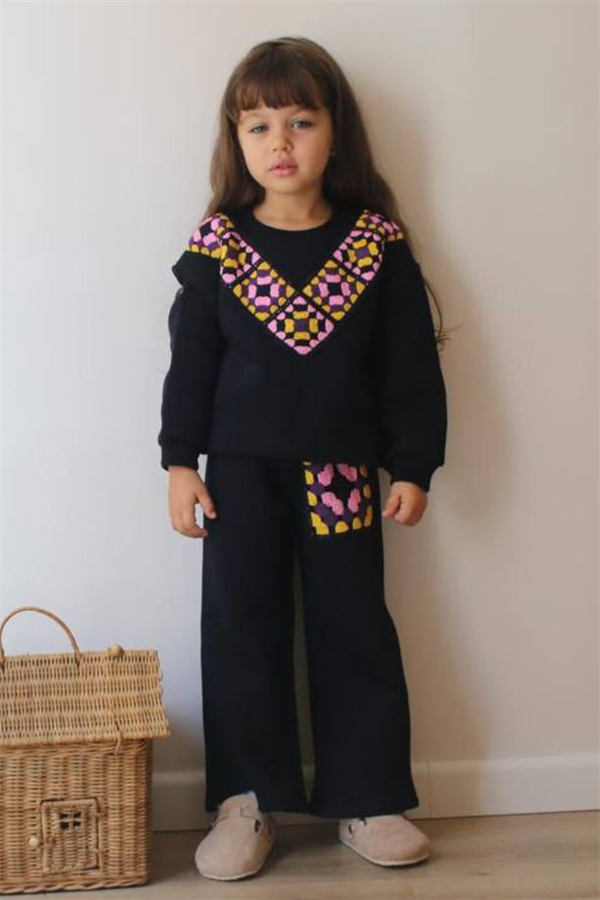Kız Çocuk Şardonlu Örme Detaylı Bol Paça Takım