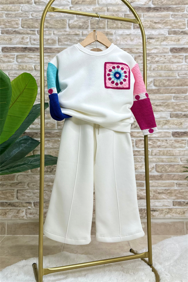 Kız Çocuk Şardonlu Örme Detaylı Bol Paça Beyaz Takım