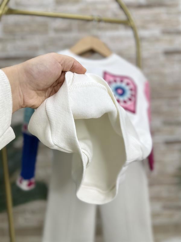 Kız Çocuk Şardonlu Örme Detaylı Bol Paça Beyaz Takım