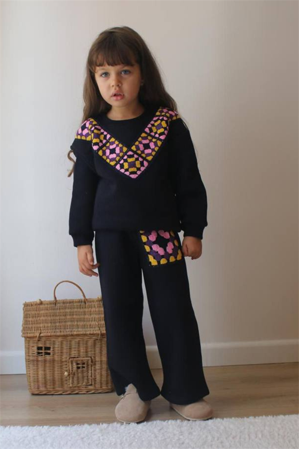 Kız Çocuk Şardonlu Örme Detaylı Bol Paça Takım