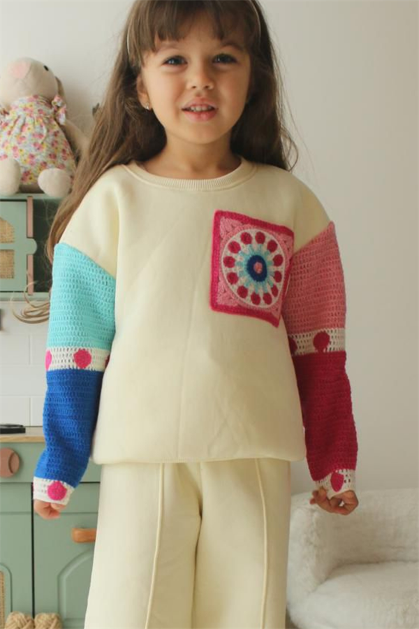 Kız Çocuk Şardonlu Örme Detaylı Bol Paça Renkli Takım