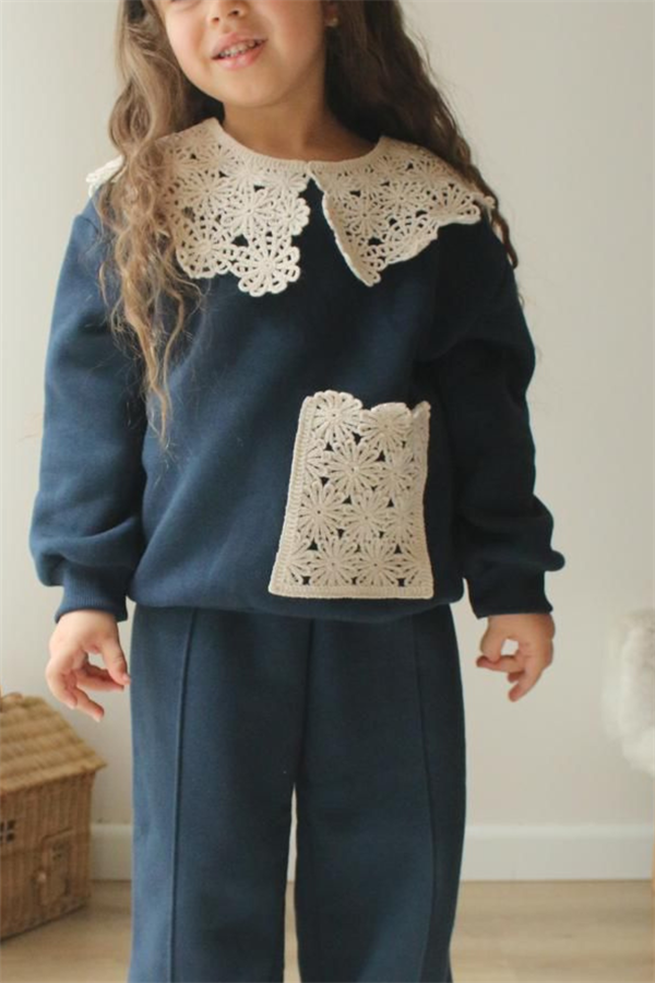 Kız Çocuk Şardonlu Örme Yakalı Bol Paça Takım