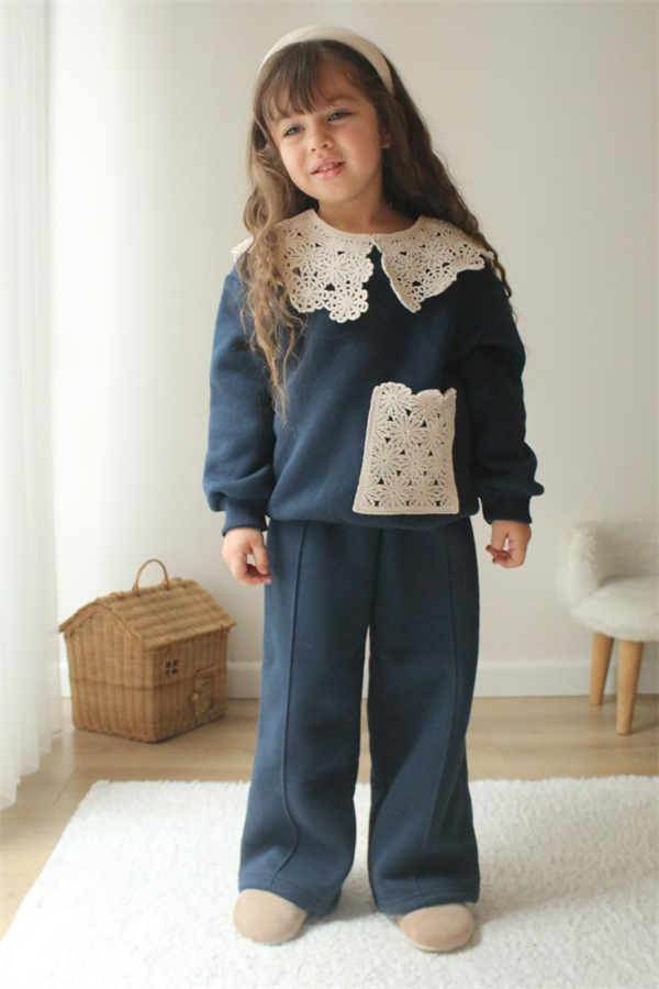 Kız Çocuk Şardonlu Örme Yakalı Bol Paça Takım