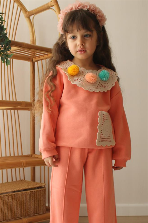 Kız Çocuk Şardonlu Ponponlu Örme Bol Paça Takım