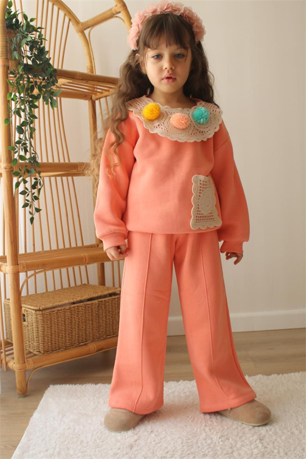 Kız Çocuk Şardonlu Ponponlu Örme Bol Paça Takım