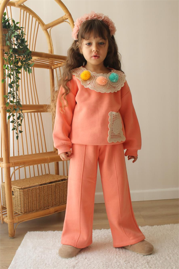 Kız Çocuk Şardonlu Ponponlu Örme Bol Paça Takım