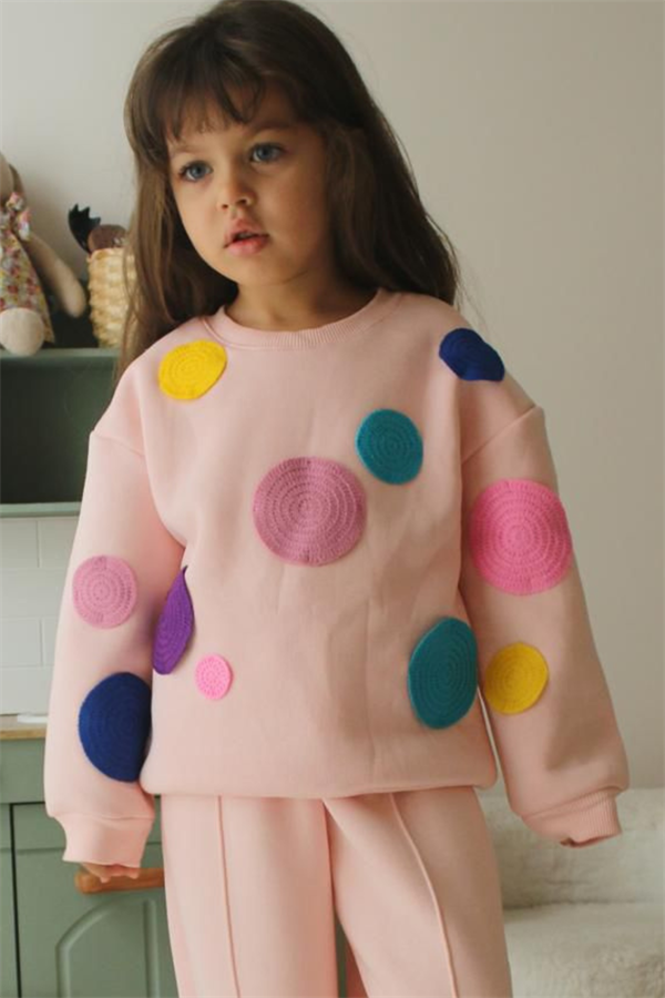 Kız Çocuk Şardonlu Pudra Renkli Bol Paça Renkli Takım