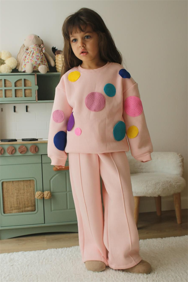 Kız Çocuk Şardonlu Pudra Renkli Bol Paça Renkli Takım