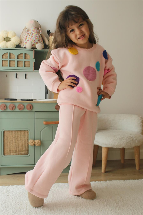 Kız Çocuk Şardonlu Pudra Renkli Bol Paça Renkli Takım