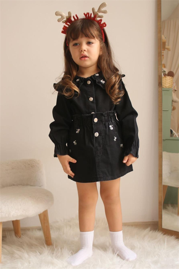 Kız Çocuk Siyah Denim Etekli Takım