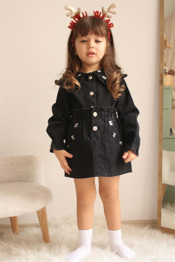 Kız Çocuk Siyah Denim Etekli Takım