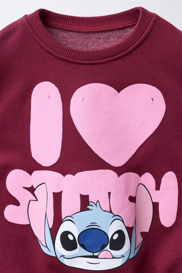 Kız Çocuk Stitch Şardonlu Bordo Taytlı Takım