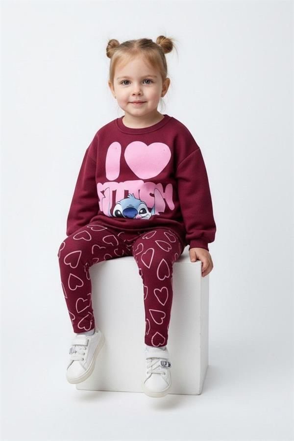Kız Çocuk Stitch Şardonlu Bordo Taytlı Takım