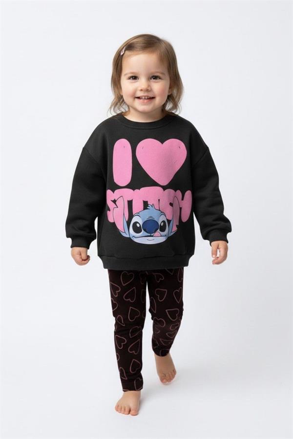 Kız Çocuk Stitch Şardonlu Siyah Taytlı Takım