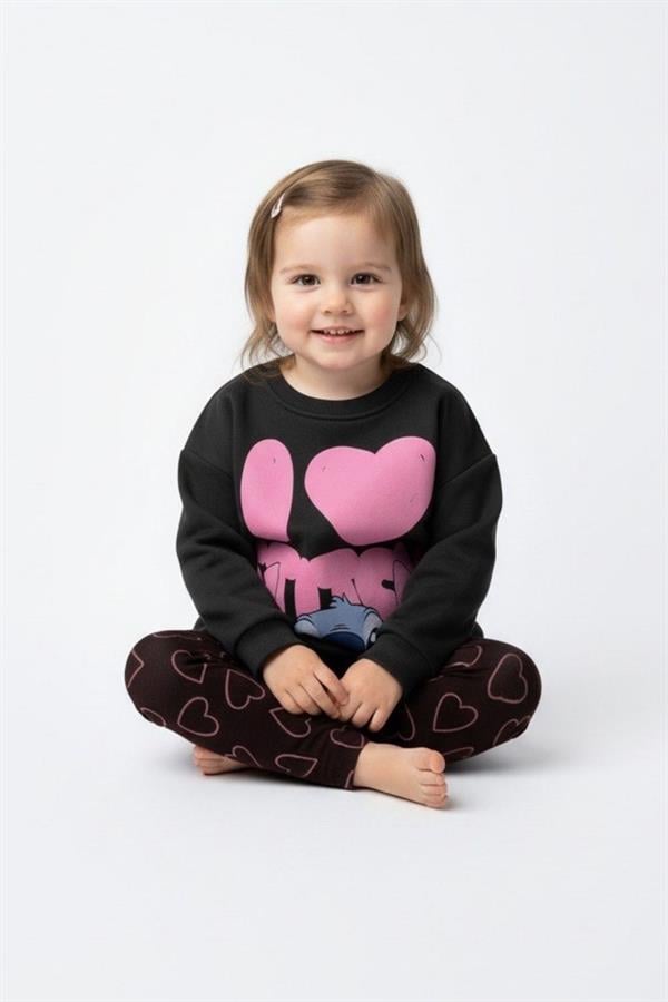 Kız Çocuk Stitch Şardonlu Siyah Taytlı Takım