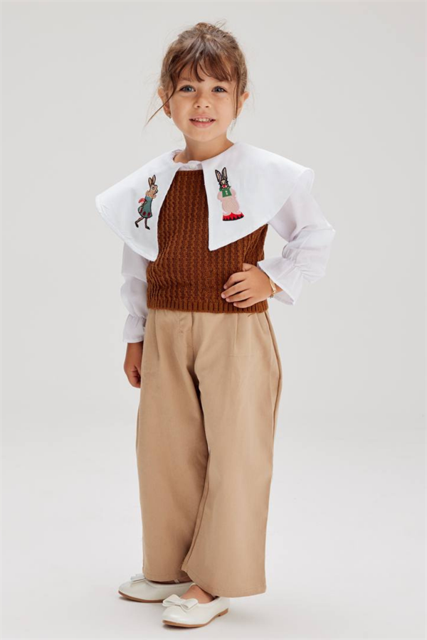 Kız Çocuk Süveterli Gömlekli Pantolon Takım