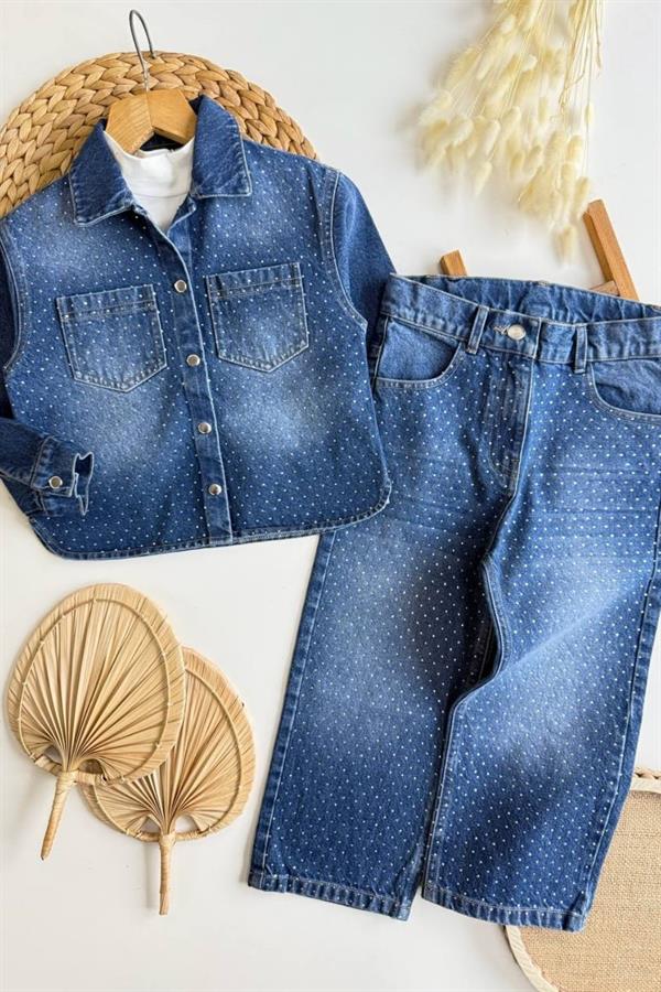 Kız Çocuk Taş İşlemeli Denim Takım
