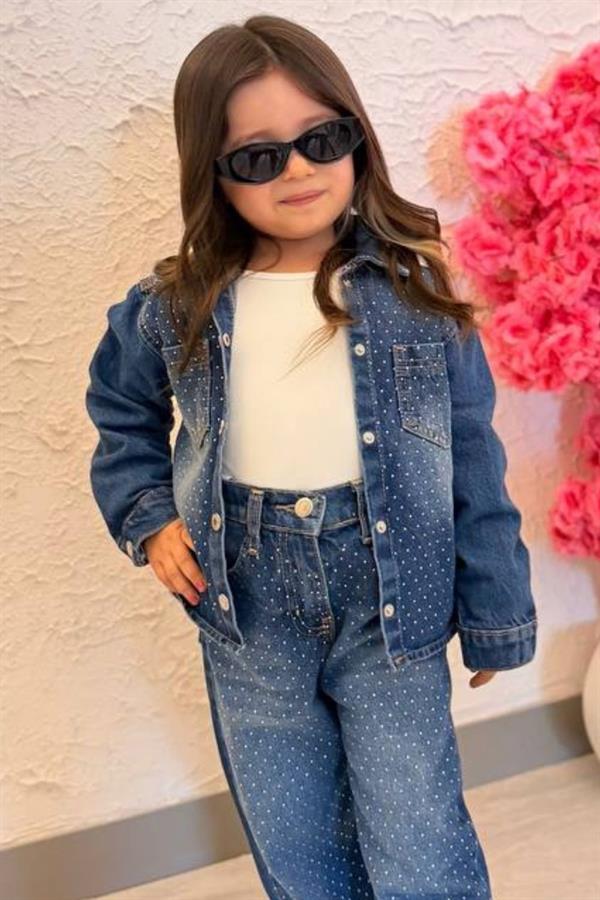 Kız Çocuk Taş İşlemeli Denim Takım
