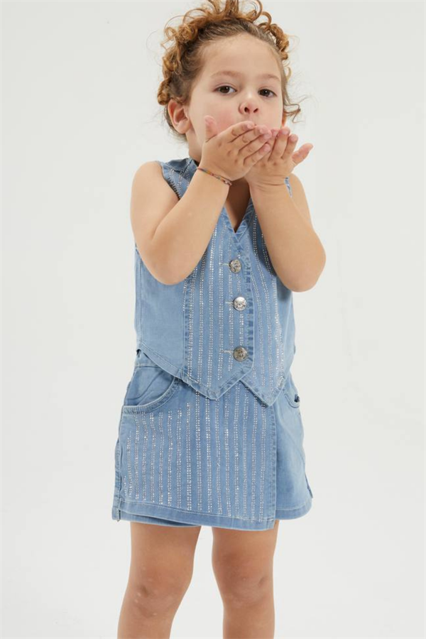 Kız Çocuk Taşlı Yelekli Etek Şort Denim Takım