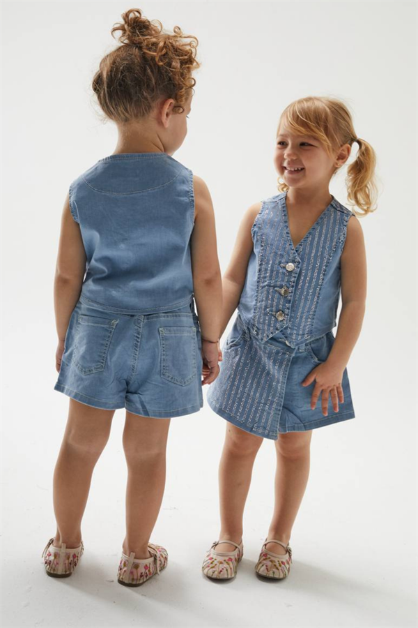 Kız Çocuk Taşlı Yelekli Etek Şort Denim Takım