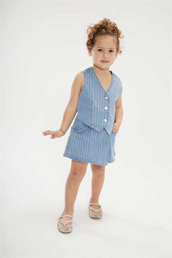 Kız Çocuk Taşlı Yelekli Etek Şort Denim Takım