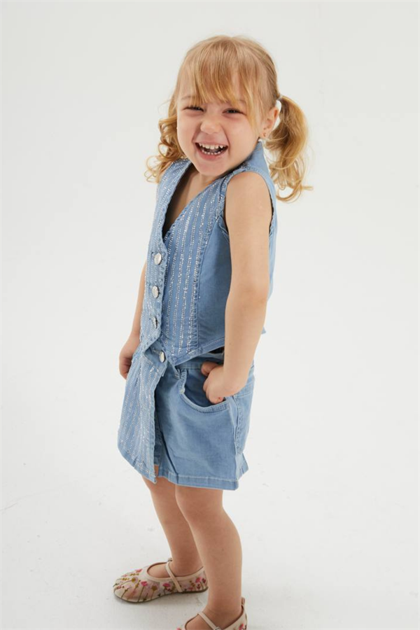 Kız Çocuk Taşlı Yelekli Etek Şort Denim Takım