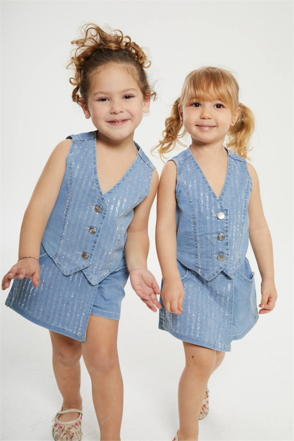 Kız Çocuk Taşlı Yelekli Etek Şort Denim Takım