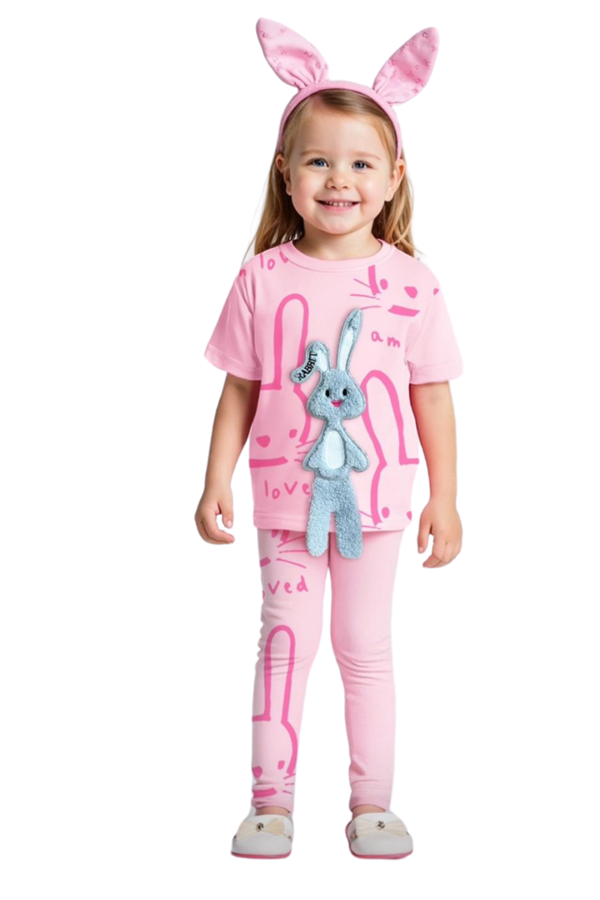 Kız Çocuk Tavşanlı Süzene Nakış Taytlı Takım  