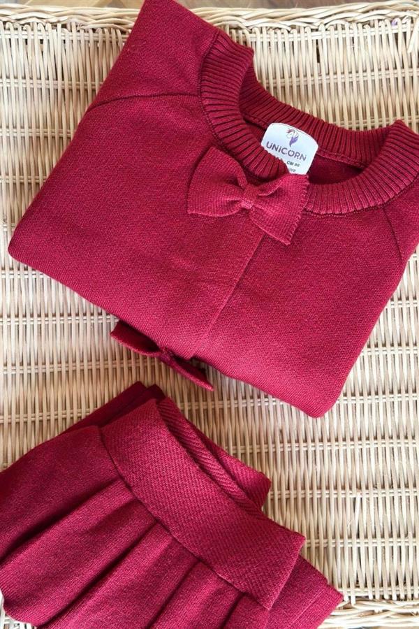 Kız Çocuk Toka Hediyeli Triko Etekli Bordo Takım