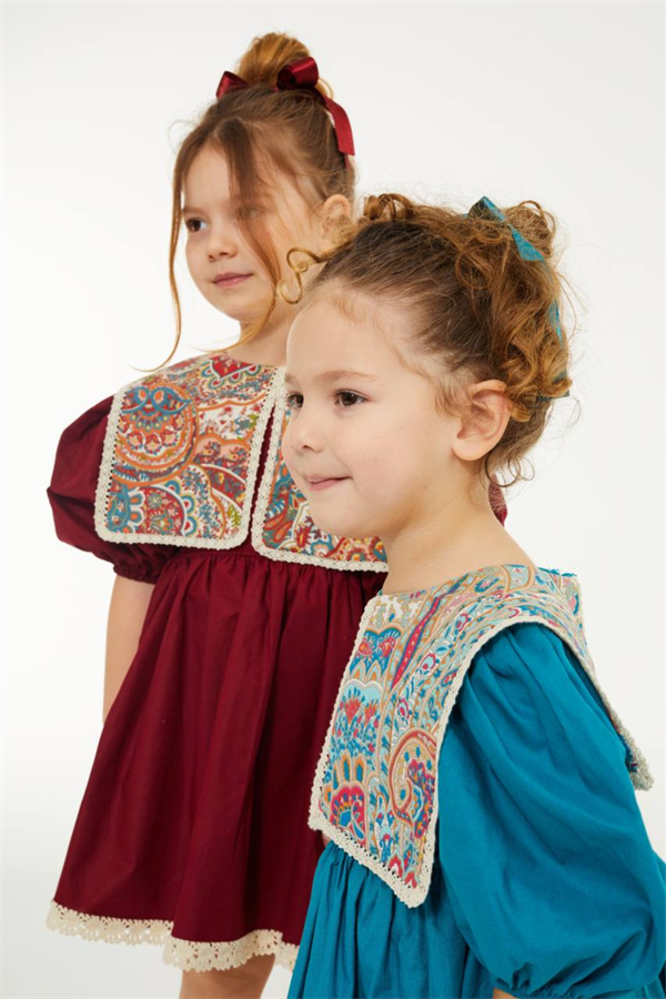 Kız Çocuk Tokalı Etnik Desen Yakalı Bordo Elbise
