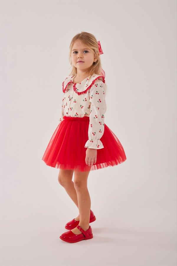 Kız Çocuk Tokalı Kirazlı Gömlek & Tütü Etek Takım